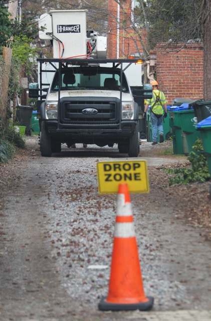 Tree Trimming Truck pictured with safety cone saying "DROP ZONE"
