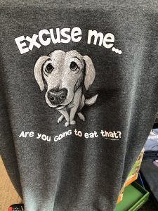 T-shirt with dog image asking, "Excuse me. Are you going to eat that?"