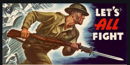 Man with bayonet on War Bond poster with quote "Let's All Fight!"